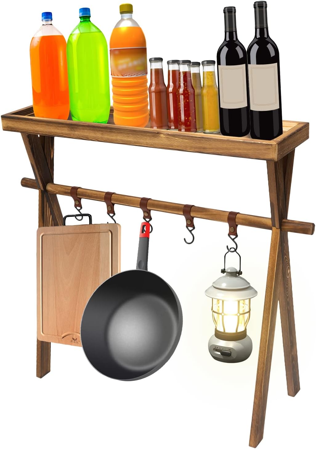 Wooden Portable Picnic Rack, Lightweight Beechwood Outdoor Picnic Table for Storage, Camping Tables with 5 hooks, Removable Storage BBQ Shelf for Picnic, Camping, BBQ, Home Storage