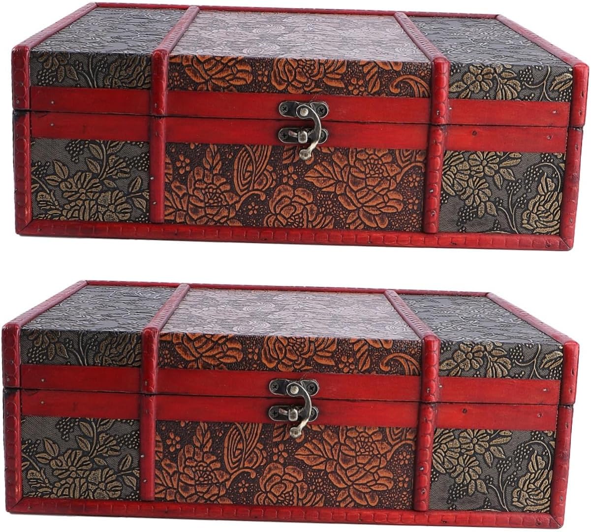 ABOOFAN 2pcs Boxes Wedding Jewelry Wooden Storage Chest Desk Top Decor Pirate Treasure Chest Wood Jewelry Storage Case Desk Topper Makeup Storage Case Trunk With Lock Ring Bamboo