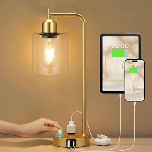 Innqoo Gold Lamp for Bedroom - Industrial Bedside Table Lamp with USB Port and Outlet, Fully Dimmable Nightstand Lamp with Opal Glass Shade, Small Desk Lamps for Home Office