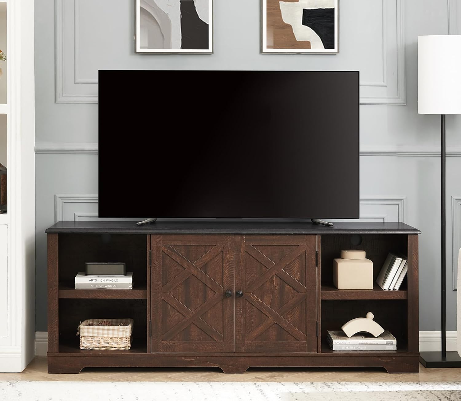 Modern Farmhouse Media Stand Large Home Entertainment 80 in, TV Console Table with Open Shelves and Closed Cabinets, Espresso and Black