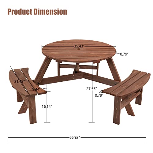 Wooden Outdoor Picnic Table with Umbrella Hole, Round Wood Dining Table with Benches for Patio Garden Backyard Lawn Commercial, Outside Table, 4 Built-in Benches, 2220lb Capacity, Natural
