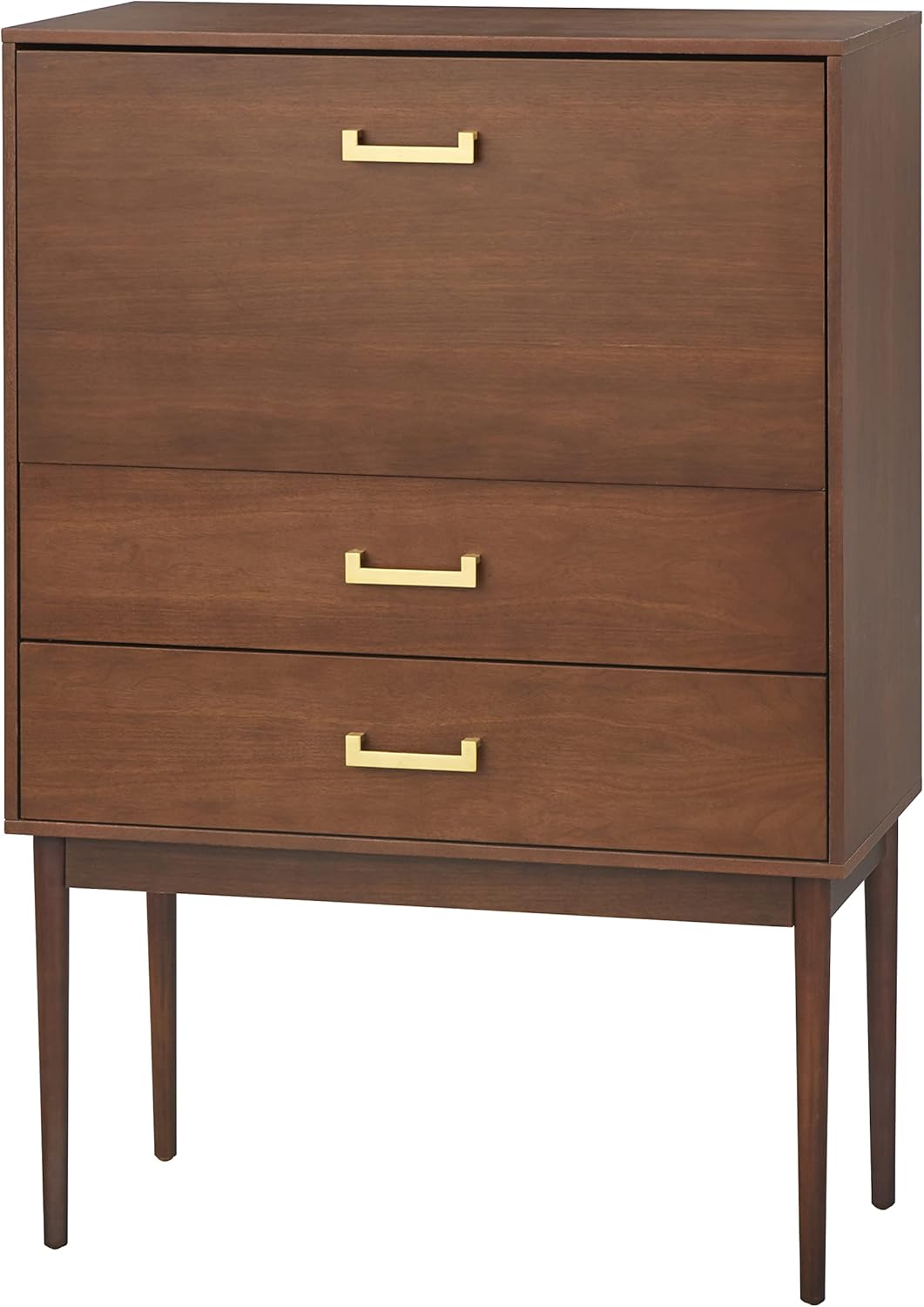 Target Marketing Systems Jonelle Tall Bar, Mid-Century Modern Style Shelf with 2 Drawers, Liquor Cabinet with Pull-Down Door, Anti-Tip Hardware Included, 31.5”W x 52.75”H, Walnut