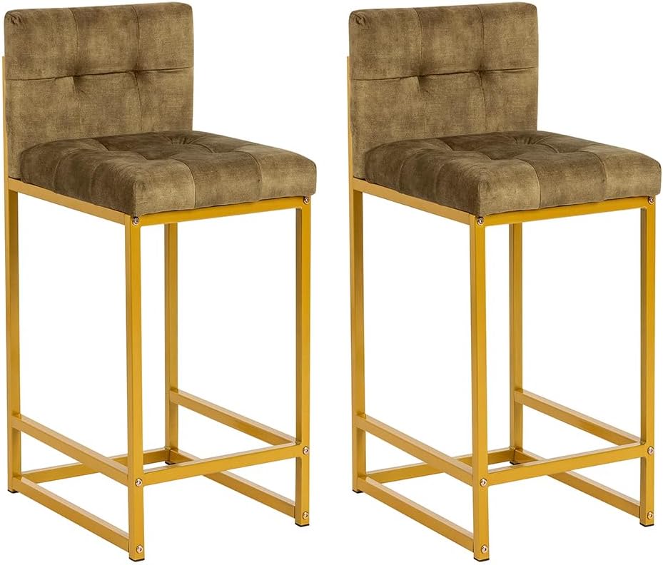 GIA 24 Inch Counter Height Square Backrest Bar Stools for Kitchen Island,Upholstered in Velvet with Gold iron Leg,Set of 2,Green