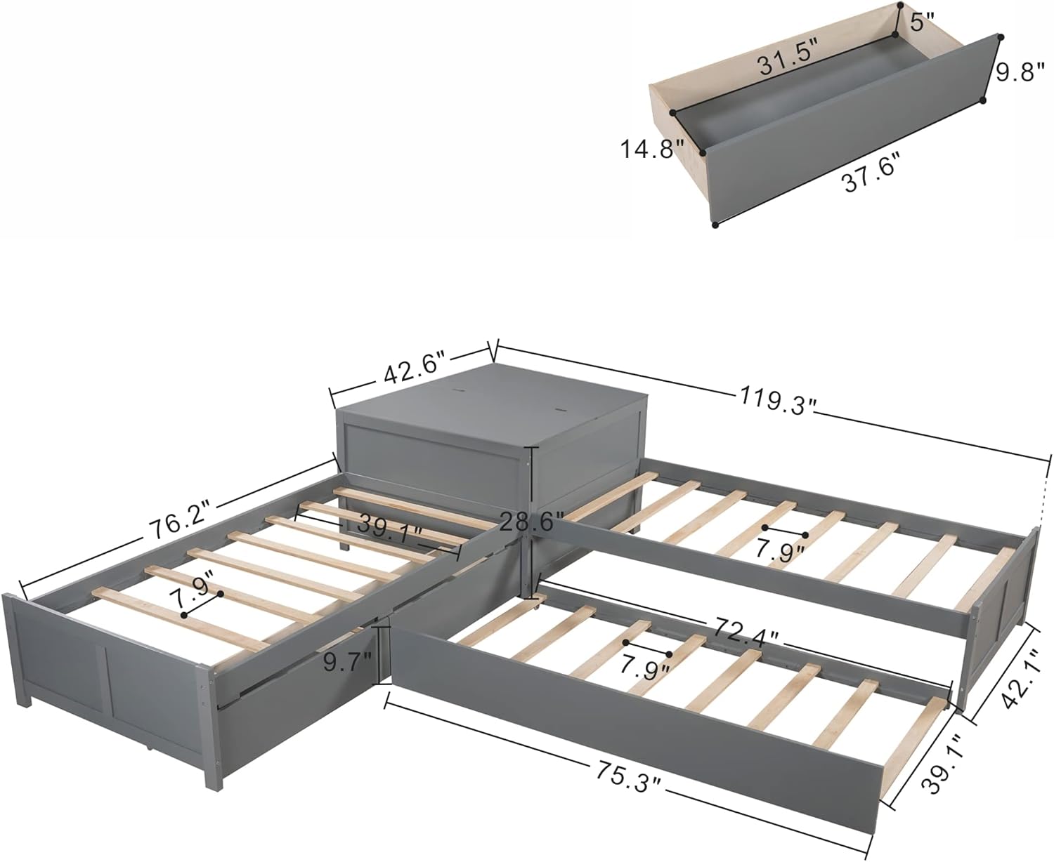 Bellemave L-Shape Platform Bed for 2 Double Twin Beds with Trundle and Storage Drawers Linked with Flip Square Table Wood Corner Bed for 3 Kids, Teens, Boys, Girls, Gray