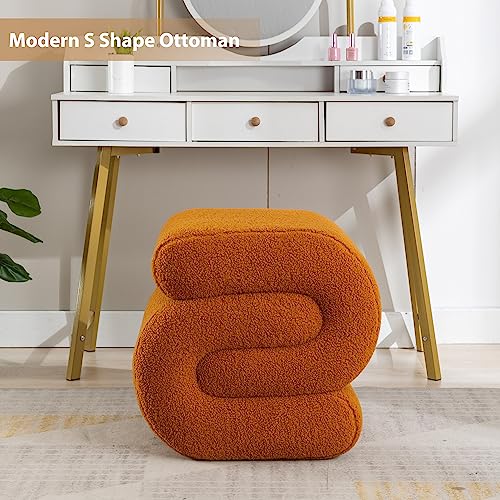 Teddy Ottoman Stool, Modern S-Shaped Sherpa Vanity Stool Chair Boucle Pouf Ottoman Foot Stool Decorative Floor Seat for Makeup Room Bedroom Living Room (Coffee)