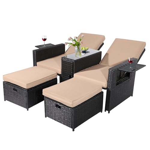 5PCS Outdoor Wicker Chaise Lounge Chair - Rattan Adjustable Reclining Patio Lounge Chair with Ottoman and Coffee Table, for Patio Beach Pool Backyard (Black Wicker Turquoise Cushion)