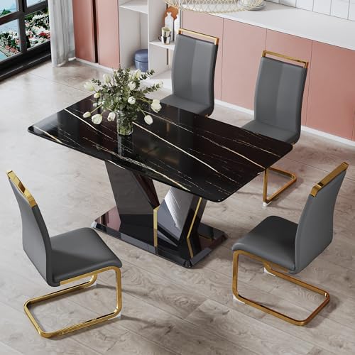 7 Piece Dining Table Set, Kitchen Table and Chairs Set for 6, 63'' Rectangular Dining Table With 0.4
