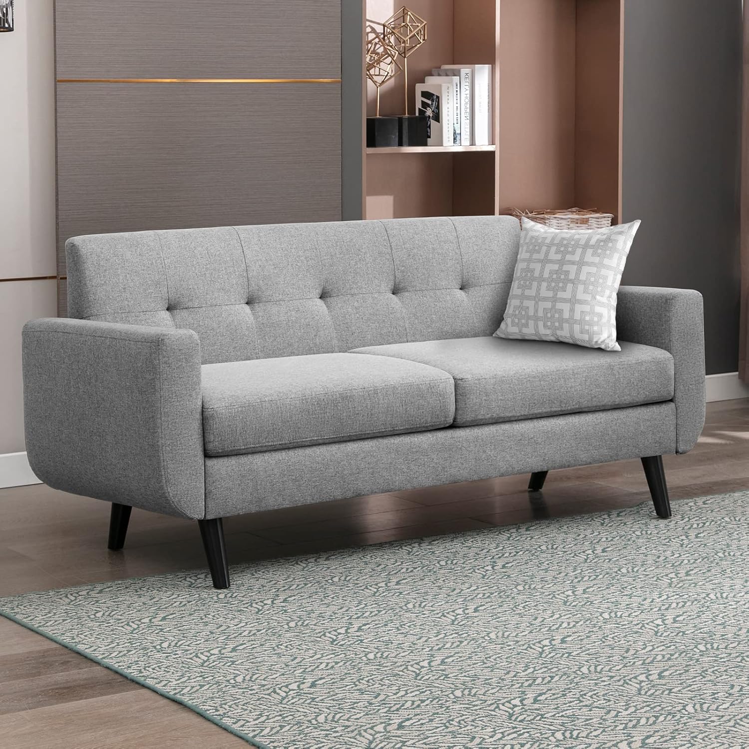 CECER 68''Mid-Century Modern Sofa,Breathable Fabric Loveseat Sofa with Upholstered,Herringbone Fabric Sofa for Living Room,Light Grey