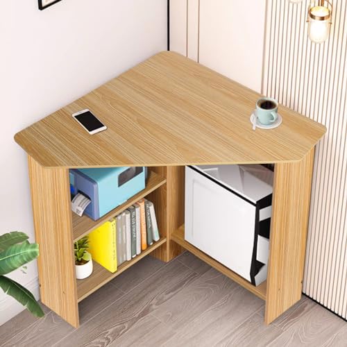 Corner Desk with Storage, Corner Computer Desk with Drawers and Open Shelves, Triangle Corner Desk for Small Space, Home Office, Workstation, Living Room, Bedroom (Light Brown)