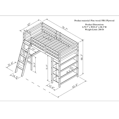 TMEOSK Twin Solid Wood Loft Bed Frame with Desk & Storage Shelves, Angle Ladder and Guardrails for Girls Boys Bedrooms (Espresso)
