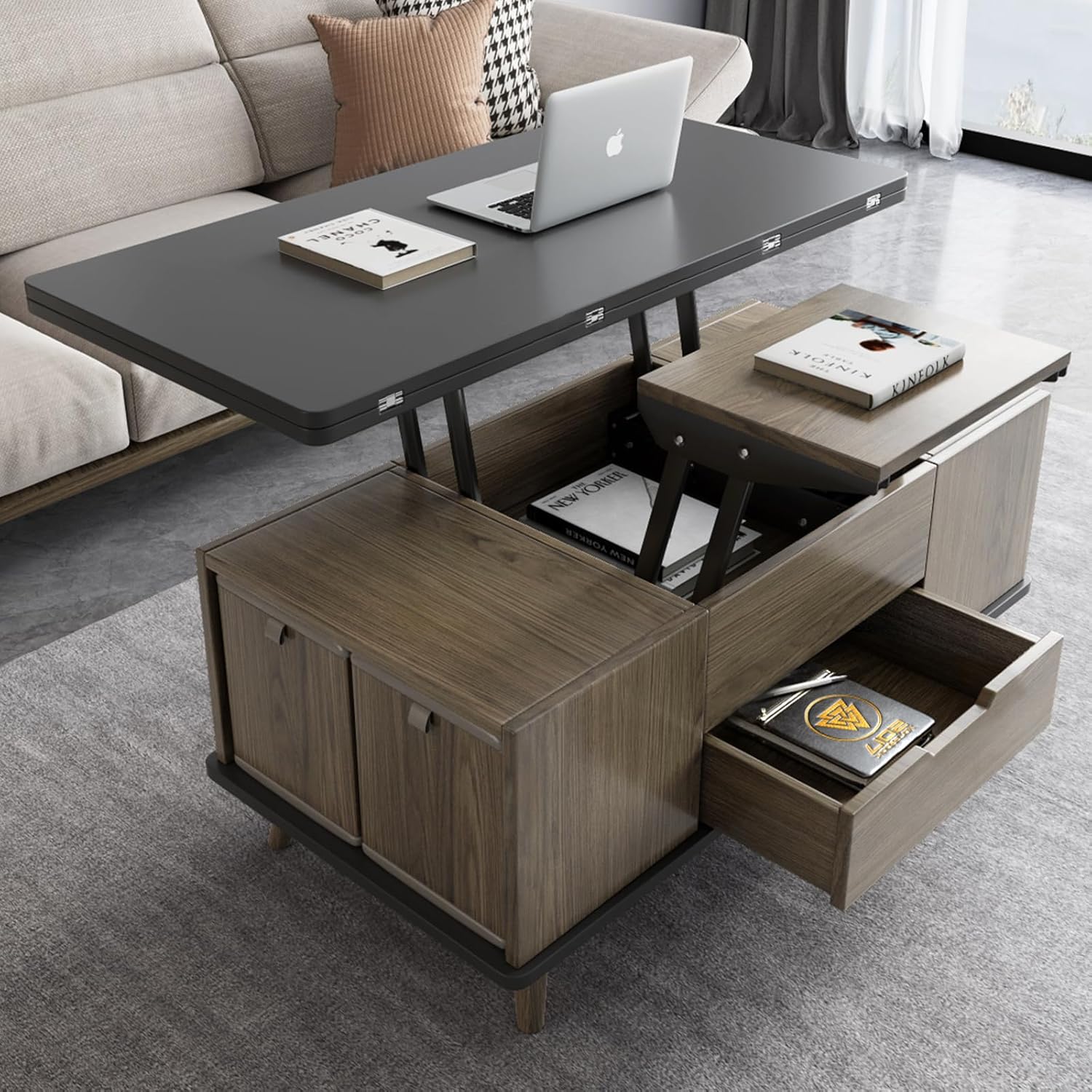 3-in-1 Rising Tabletop Coffee Table, Multi-Functional Lift Top Coffee Table with 4 Stools for Living Room, Expandable Dining Table, Lift Tabletop Office Desk