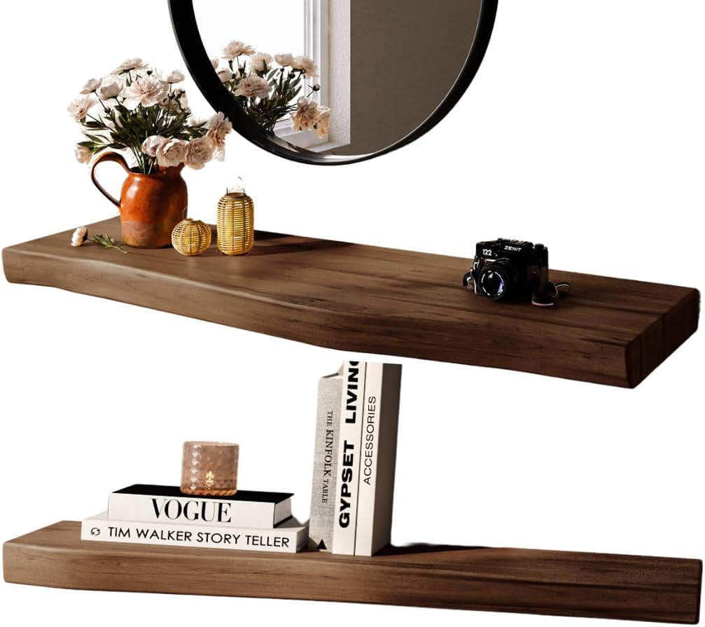 36in Thick Acacia Live Edge Floating Shelves Set of 2 - Rustic Wooden Shelf for Kitchen, Bathroom, Bedroom - Walnut Color - 36x10 Inches
