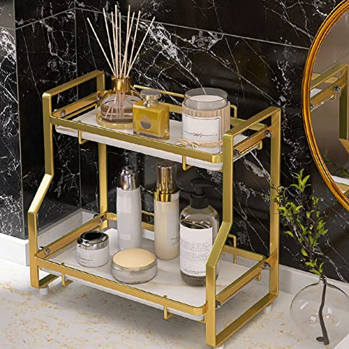 YWBL-WH Bathroom Storage Shelf Wall Mounted Corner Organizer Standing Rack for Living Room Bedroom Kitchen, White and Gold, Iron Material, Easy to Clean (2 Tier)