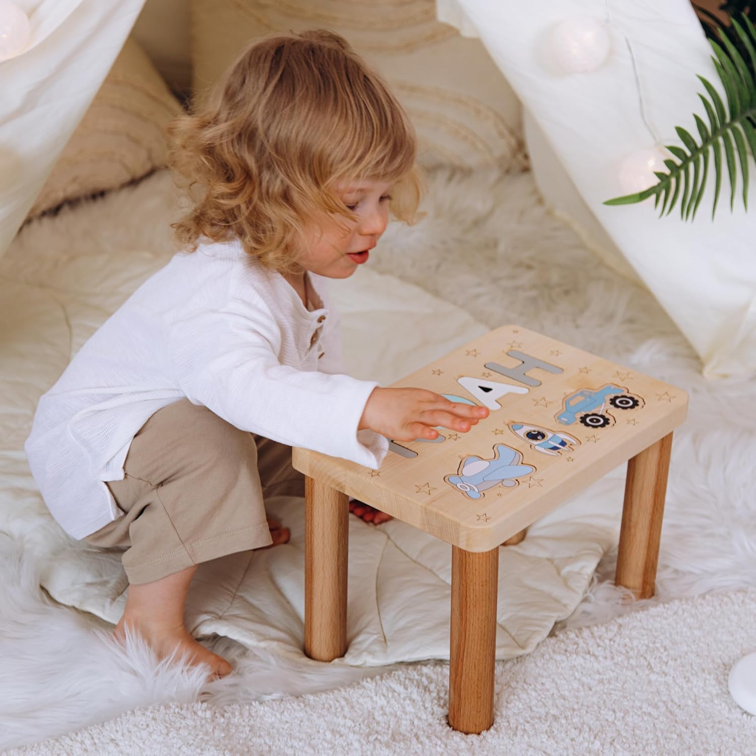 Personalized Name Puzzle Stool, Toddler Step Stool, 1 2 3 Year Old Gift, Baby Girl Birthday Gift, Wooden Toddler Chair, Baptism Girl Gift