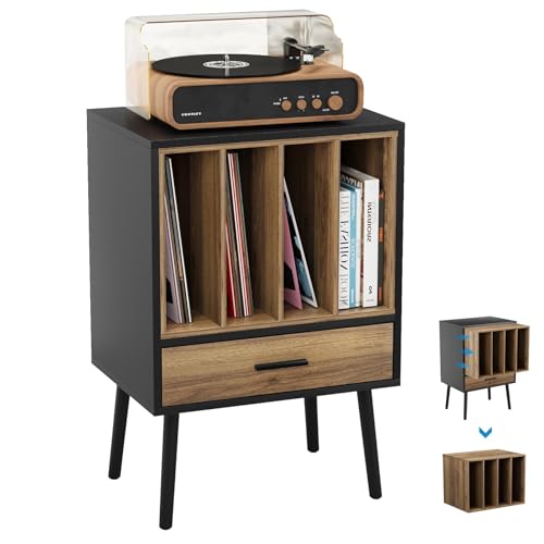 Semiocthome Record Player Stand with Nesting Vinyl Storage Crate, Record Player Table with a Drawer and Solid Wood Legs, Side End Table for Turntables for Living Room Bedroom