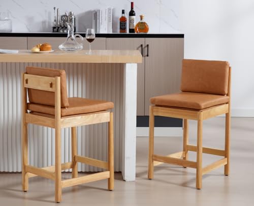 EALSON Counter Height Bar Stools Set of 2 Farmhouse Barstoos with Back Mid Century Modern Counter Stools with Natural Wood Legs Upholstered Linen Bar Charis for Kitchen Island/Pub, Beige