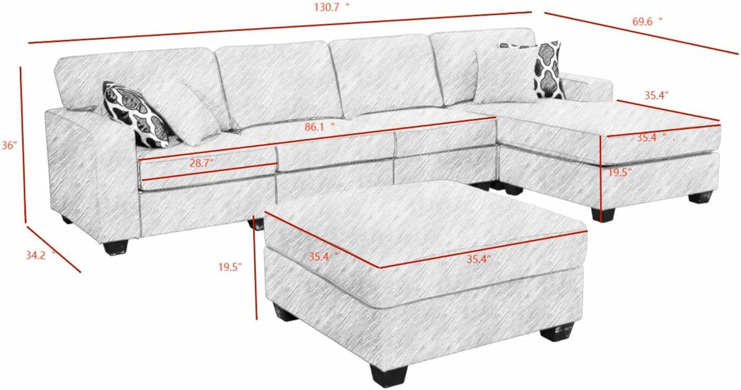 130'' Reversible Modular Sofa Couche with Ottoman Sectional, Dark Grey