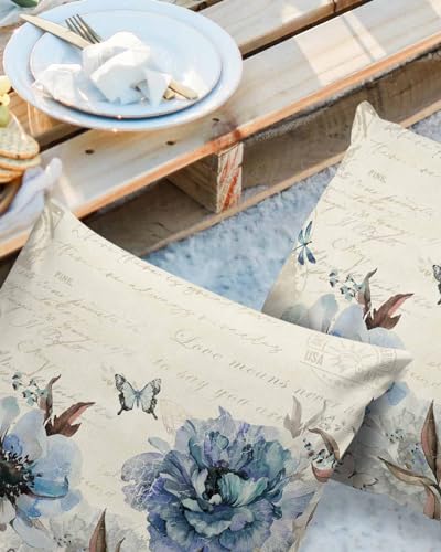 Spring Floral Outdoor Waterproof Pillow Covers, Blue Flowers Summer Botanical Farmhouse Decorative Square Throw Pillowcase Sofa Cushion Sham for Patio/Couch/Chair, 20