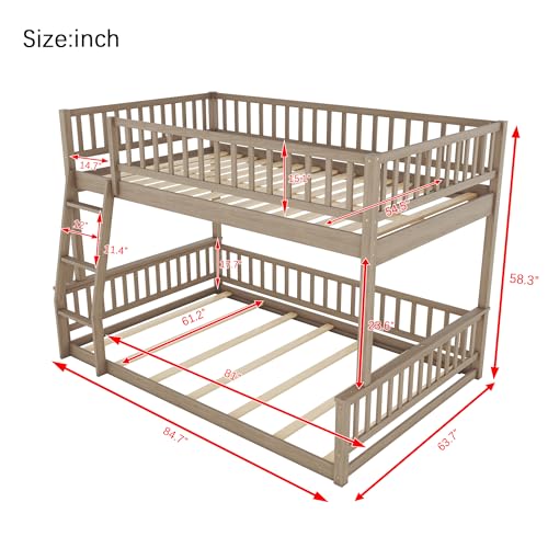 Wood Full XL over Queen Bunk Bed with Ladder and Guardrails,for Kids Teens Adults Bedroom Use (Walnut@Ladder, Full Over Queen)