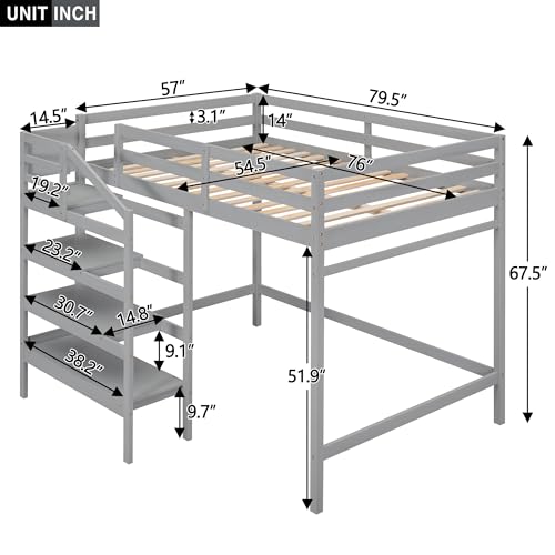 Full Size Loft Bed with Storage Staircase and Hanger,Wooden Loft Bed Frame with Storage Shelves and Safety Guardrail for Kids Teens Adults,Bedroom(White)