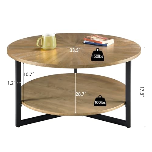 Round Coffee Tables for Living Room, 2 Tier Solid Wood Coffee Table with Storage, Modern Circle Coffee Table with Black Metal Legs, 33.5 x 17.8 inch, Natural Wood Color, KFZ-1338-OA