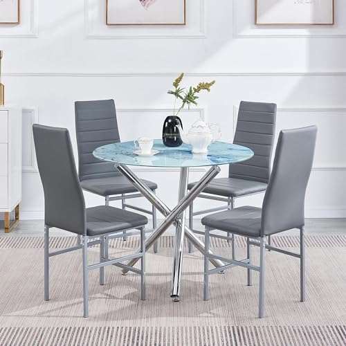Round Glass Dining Table Set 5 Pieces Dining Table Chair Set for Home Kitchen Round Tripod Chrome Legs Table with 4 PU Chairs, Contemporary Dining Room Furniture Set for Small Space