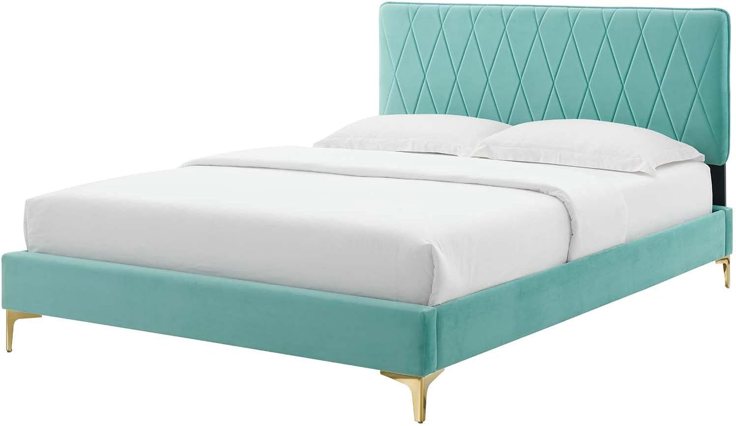 Platform Bed Frame, King Size, Velvet, Blue, Modern Contemporary Urban, Bedroom Master Guest Suite