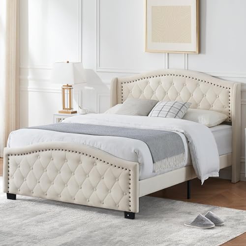 IDEALHOUSE Upholstered Bed Frame with Tall Wingback Headboard, King Platform Frame with Button Tufted Headboard,No Box Spring Needed, Strong Wooden Slats, Beige (King)