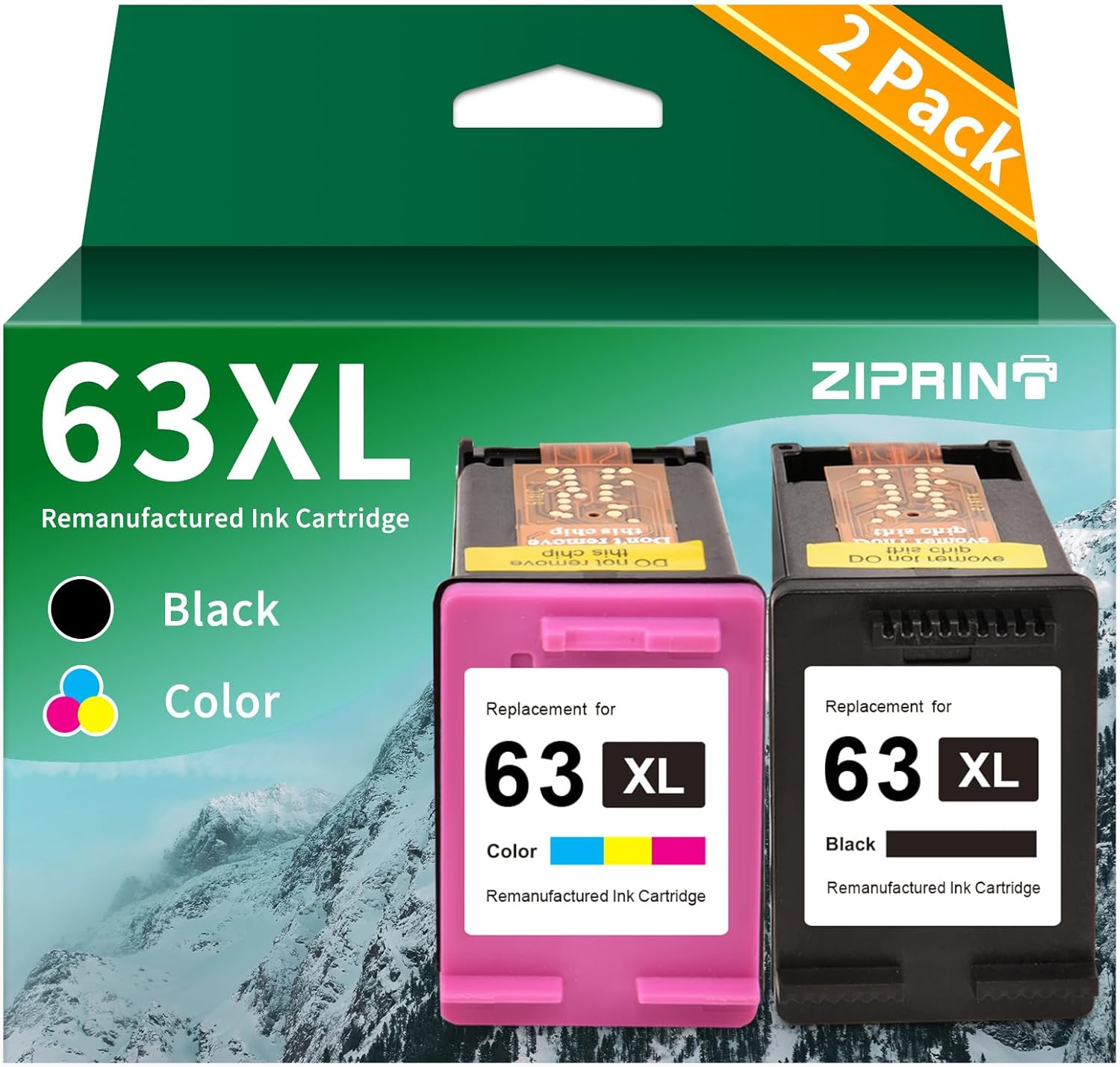 ZIPRINT 63 Ink Cartridge Combo Pack Remanufactured Replacement for HP Ink 63 63XL Ink Cartridge for HP OfficeJet 3830 5255 5258 5200 Envy 4520 4512 DeskJet 1112 3630 3632, 2 Pack, 63XL Black and Color