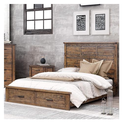 Solid Queen Bed Frame with 2 Storage Drawers, Queen Size Platform Bed Frame with High Headboard, Queen Bed with Wooden Support Legs Compatible with Teens Adults, Natural Bedroom Bed Frame,