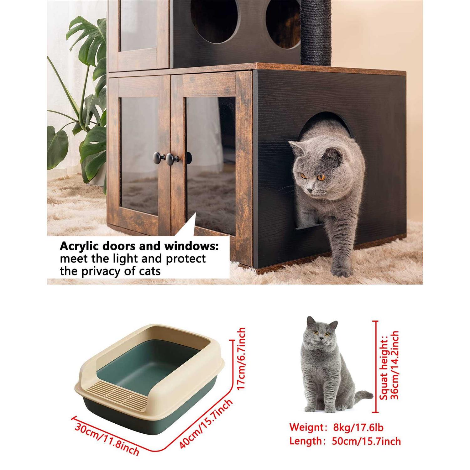 fourfurpets multipurpose litter box enclosure with cat tree, acrylic doors and windows - Pet Supplies online store