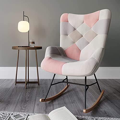 BELLEZE Colorful Patchwork Accent Chairs Set of 2, Wide Reading Chairs Comfy Linen Upholstered Living Room Chairs Side Chairs with Solid Wood Legs for Bedroom Waiting Room - Paramount (Patchwork B)