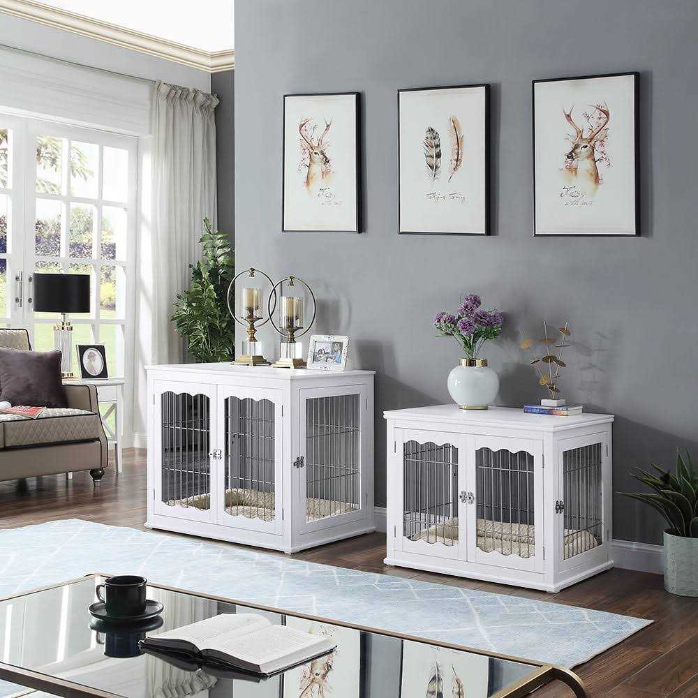 Unipaws Dog Crate End Table with Cushion Wooden Wire Pet Kennels with Double Doors - Pet Supplies online store