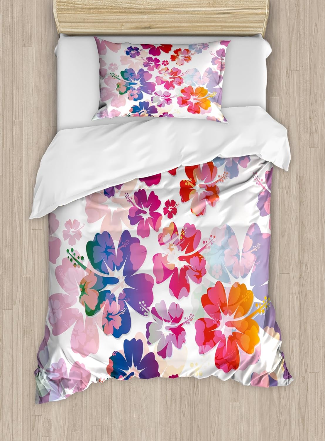 Ambesonne Hawaiian Duvet Cover Set, Exotic Floral Island Theme Tropical Hawaii Flowers Pattern Print, Decorative 2 Piece Bedding Set with 1 Pillow Sham, Twin Size, Purple Pale Pink and Orange