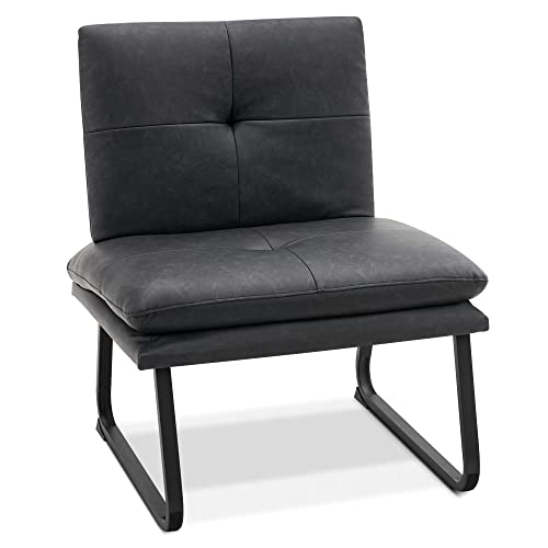 MCombo Armless Accent Chairs, Faux Leather Slipper Chair with Solid Steel Legs, Tufted Side Chair Club Chair for Living Room Bedroom Office 4812 (Chair, Black)