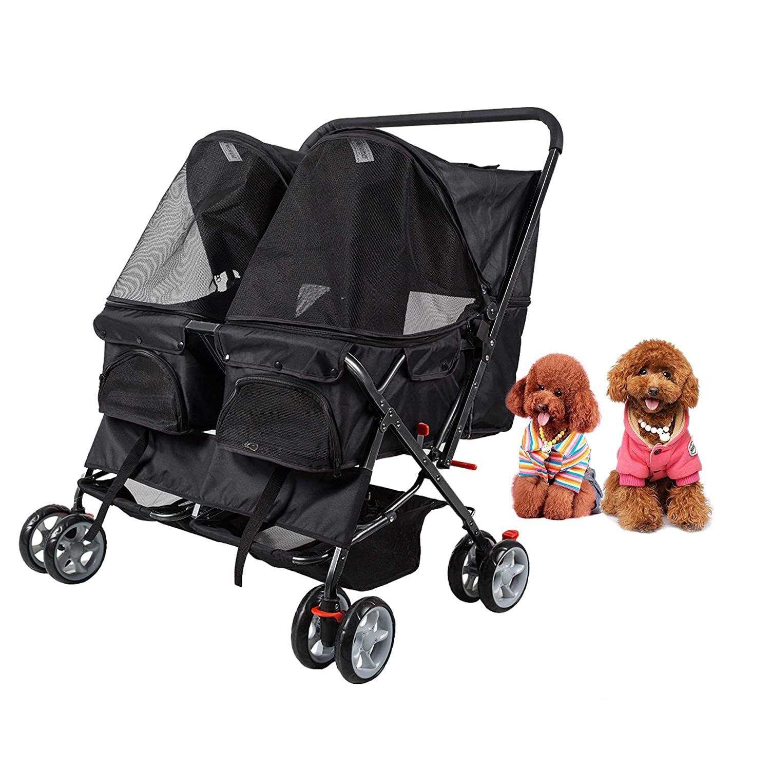 Dporticus Double Pet Stroller Foldable Stroller for 2 Dogs Cats Two-Seater Carrier Strolling Cart for Dog Cat and More Multiple Colors - Pet Supplies online store