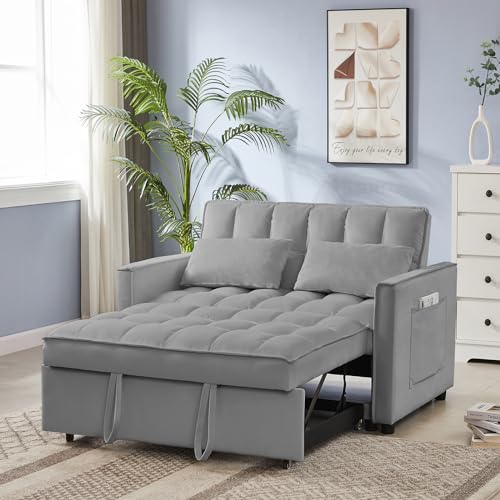 3 in 1 Velvet Pull Out Sofa Bed with Hidden Side Table, Convertible Loveseat Sleeper with 3 Speed Adjustable Backrest and Side Pockets, Tufted Futon Couch for Living Room Bedroom (Pink)