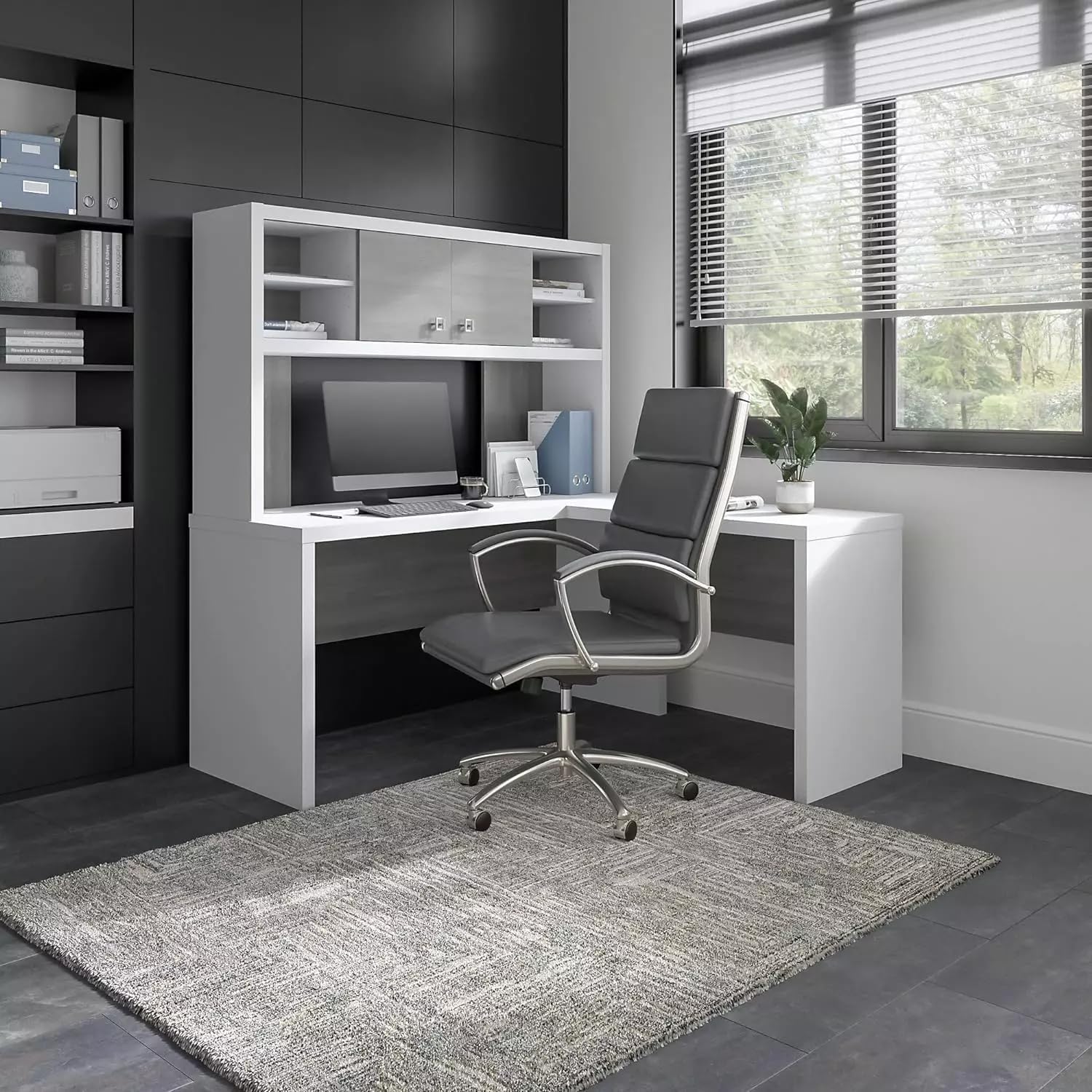 VcJta Modern 60W L-Shaped Desk with Hutch in Pure White & Gray, Corner Study Table with Storage, Home Office Furniture
