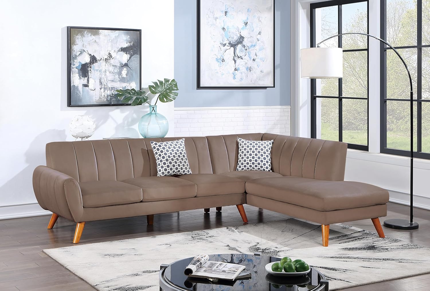 Contemporary 2-Pcs Sectional Set Living Room Furniture Light Brown Velvet Couch Left Facing Sofa, Right Facing Chaise Plush Cushion