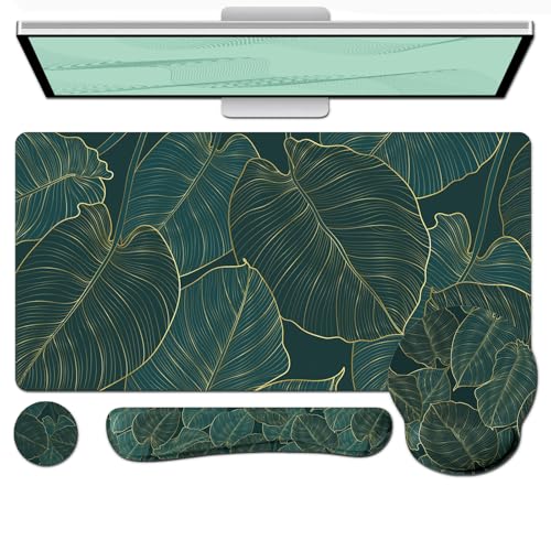 G JGOO 4 in 1 Gaming Mouse Pad Wrist Rest Set, Desk Pad + Mouse Pad with Wrist Rest + Memory Foam Keyboard Pad + Coaster, Ergonomic Design for Home Office Study Gaming, Green Leaves