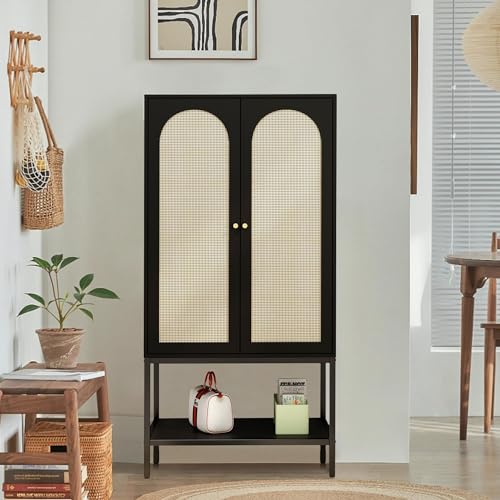 Wardrobe Closet with 2 Doors, Rattan Wardrobe Cabinet with Shelves and Hanging Rail for Clothes, Bedroom Independent Wardrobe Closet (White)