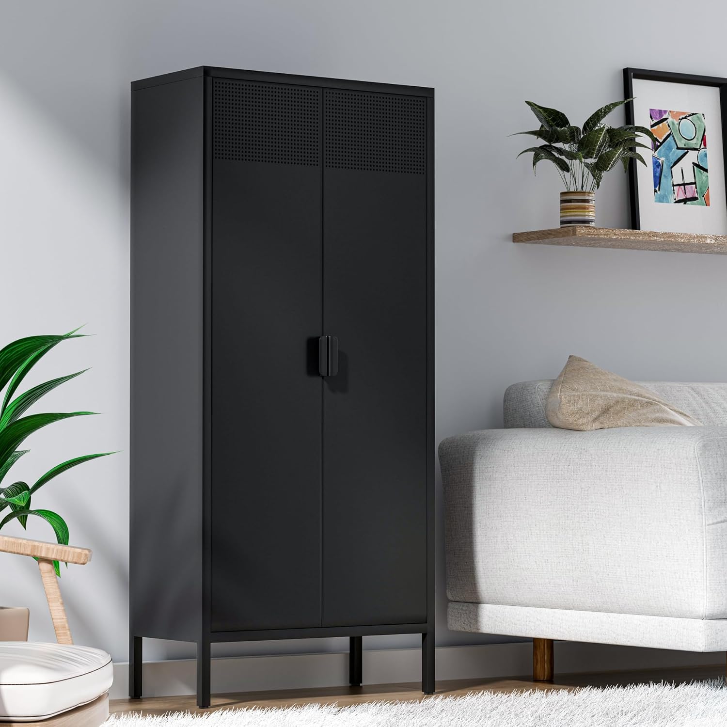 Metal Storage Cabinets Locker with Adjustable Shelves，Black Metal File Cabinet, 61'' Steel Storage Wardrobe for Home & Office, School, Storage Cabinet with Adjustable Shelves, Black