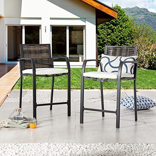 LOKATSE HOME 2 Piece Bar Stools Counter Height Chair Patio Furniture with Armrest for Garden Pool Lawn Backyard, Beige