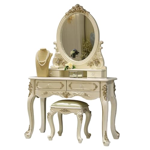 Vintage Vanity Table Set, Bedroom Vanity Desk with Oval Mirror, 4 Drawers and Upholstered Stool, Large Makeup Table for Women (Color : Champagne, Size : 86x51x160cm)