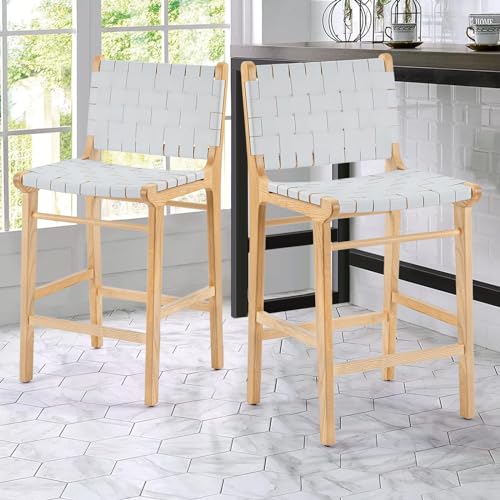 Counter Height Bar Stools Set of 3, Fully Assembly Cowhide Leather Woven Strips Counter Stool, 25.6