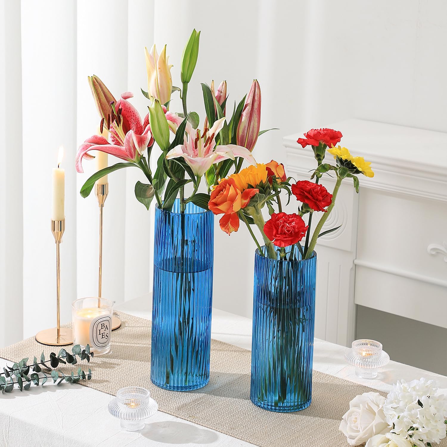 Blue Glass Vases, Glass Flower Vase Set of 2, Ribbed Glass Vase, Blue Vase, Tall Cylinder Glass Vases for Centerpieces, Living Room, Bedroom, Dining Table, Office, Wedding, Bookshelf Decoration