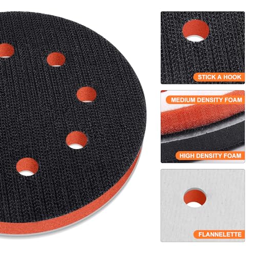 POLIWELL 5 inch Orbital Sander Soft Foam Backing Pad, Soft Density Interface Pad with 8 Hole 4Pcs, Foam Sanding Pads Hook and Loop for Orbital Sander Include 8Pcs 5 Inch Sanding Discs.