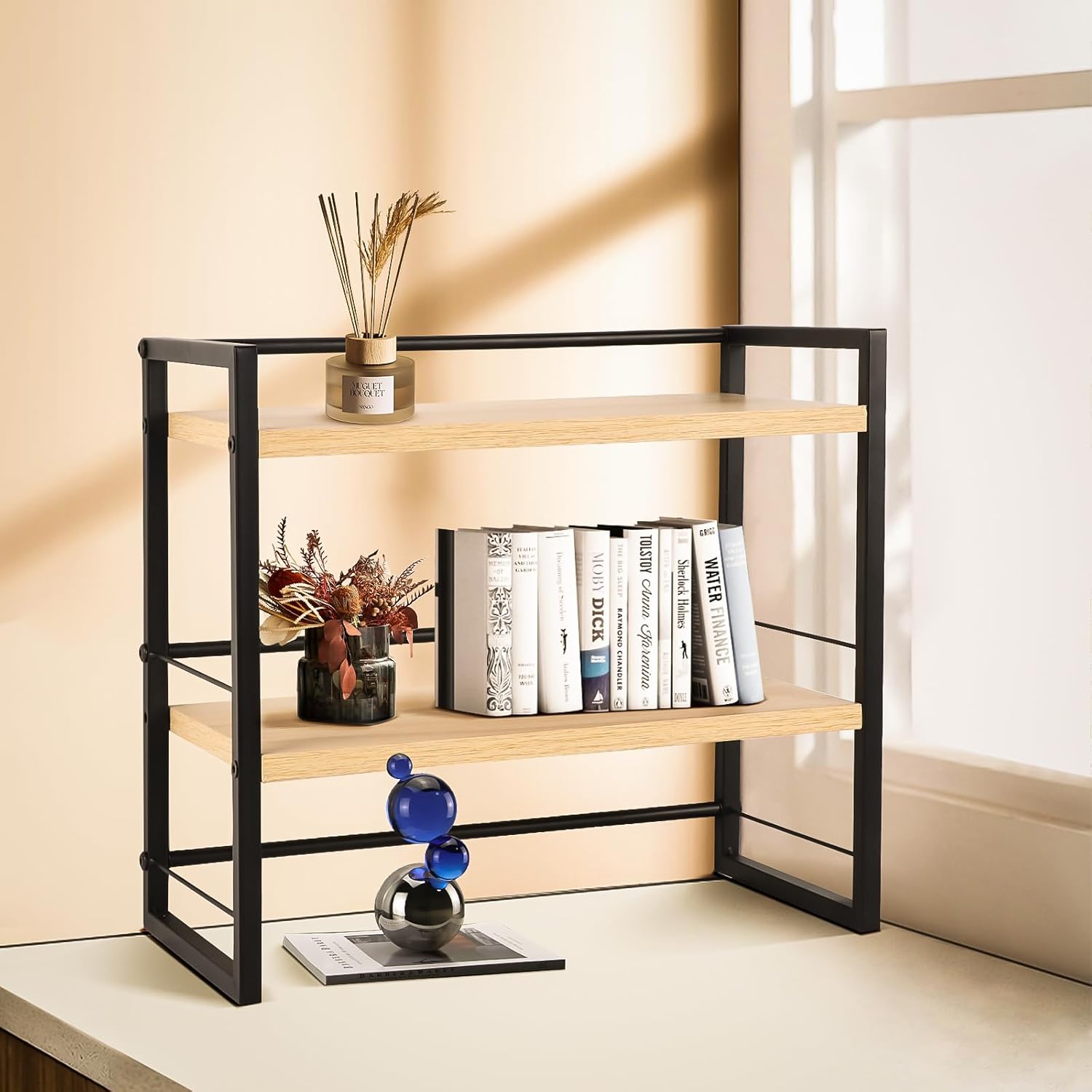 Desk Organizer Shelf,Set of 2 Wood Office Desktop Storage Shelf,2 Tier Mini Bookshelf/Kitchen Counter Shelf/Cabinet Organizer