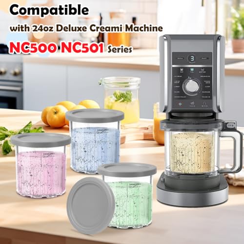 Replacement For Ninja Creami Deluxe Pints and Lids-4 Pack-24OZ Ice Cream Maker Pints Compatible with Ninja NC501 NC500 Series,11-in-1 Creami Ice cream Containers Cups Dishwasher Safe
