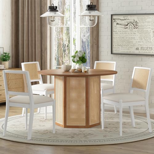 5-Piece Round Dining Table Set for 4, Rattan Kitchen Table Set with Hexagonal Base Dining Room Table Set with Upholstered Chairs for Living Room Reception Room Office, Black+Gray